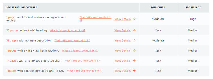 List of various SEO issues found on a website by contacting Nektar digital marketing